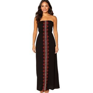 Womens Black Maxi Dress with Intricate Red and White Embroidery